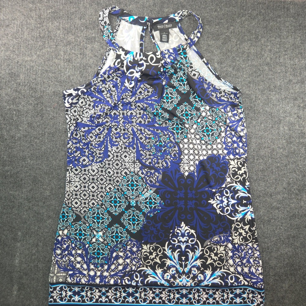 White House Black Market Halter Top Womens Size S Blue Black Damask Print Blouse